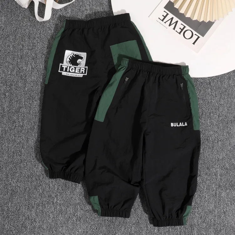 【儿童撞色大绣花速干裤】男童拉链口潮裤锦纶运动长裤