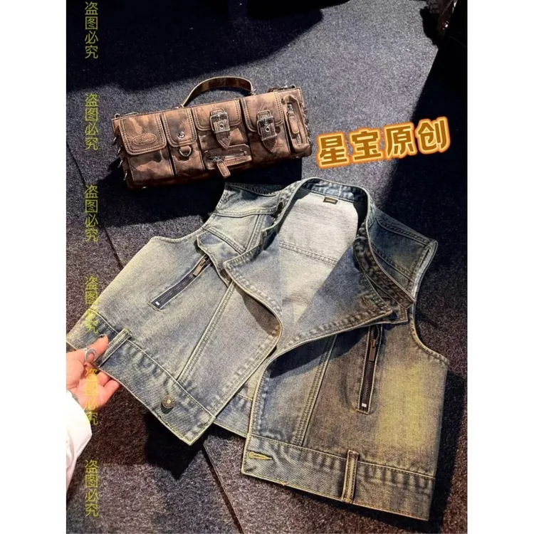 新款机车帅气休闲百搭牛仔马甲小个子复古莫奈花园风女0011