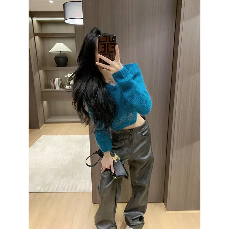秋季新款修身显瘦时尚设计感针织上衣休闲简约百搭阔腿长裤套装女