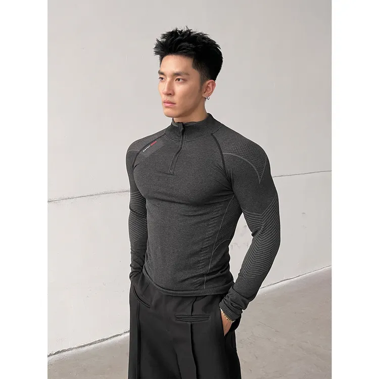 MASONSOUL 美式运动健身T恤蟒纹无缝提花半门襟弹力训练显壮长袖