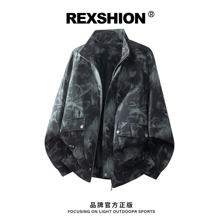 REXSHION立领秋季免烫宽松型气质皮夹克迷彩扎染欧美风山系百搭男