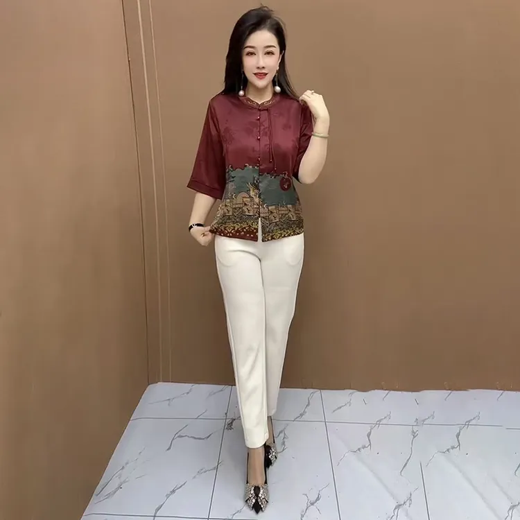 高档定位花开衫夏季新款中老年妈妈休闲百搭洋气上衣国风T恤衫女