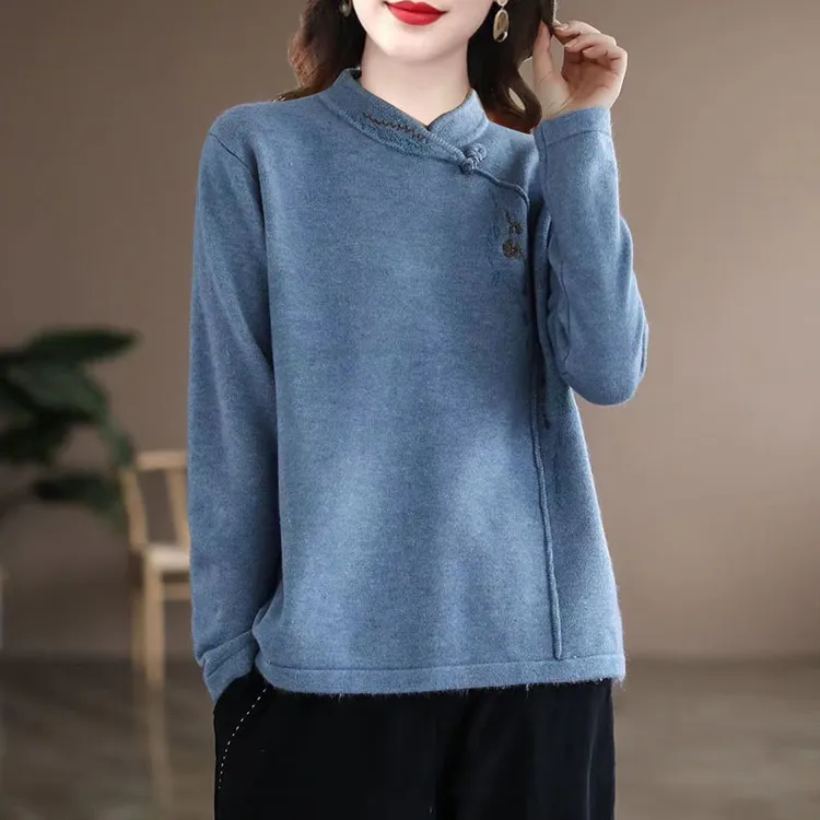 冬季加厚加绒中国风刺绣长袖打底T恤女装复古中式文艺民族风外穿