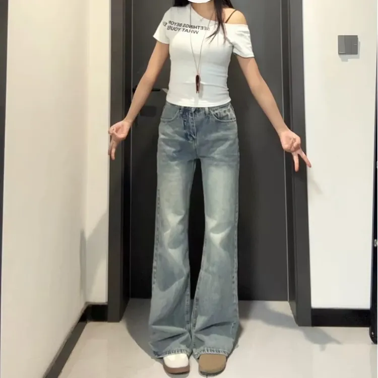 加长高个子浅色不贴腿微喇牛仔裤女2025夏季高腰显瘦阔腿拖地裤子