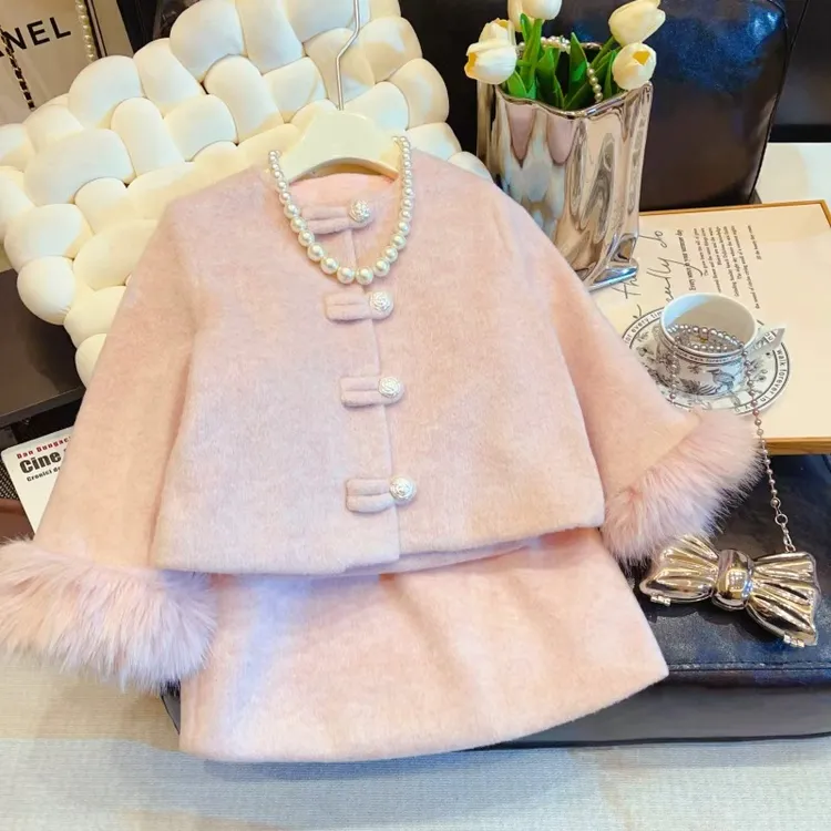 甜妹！秋冬女宝小香风毛毛袖口外套洋气加厚半裙套装31392