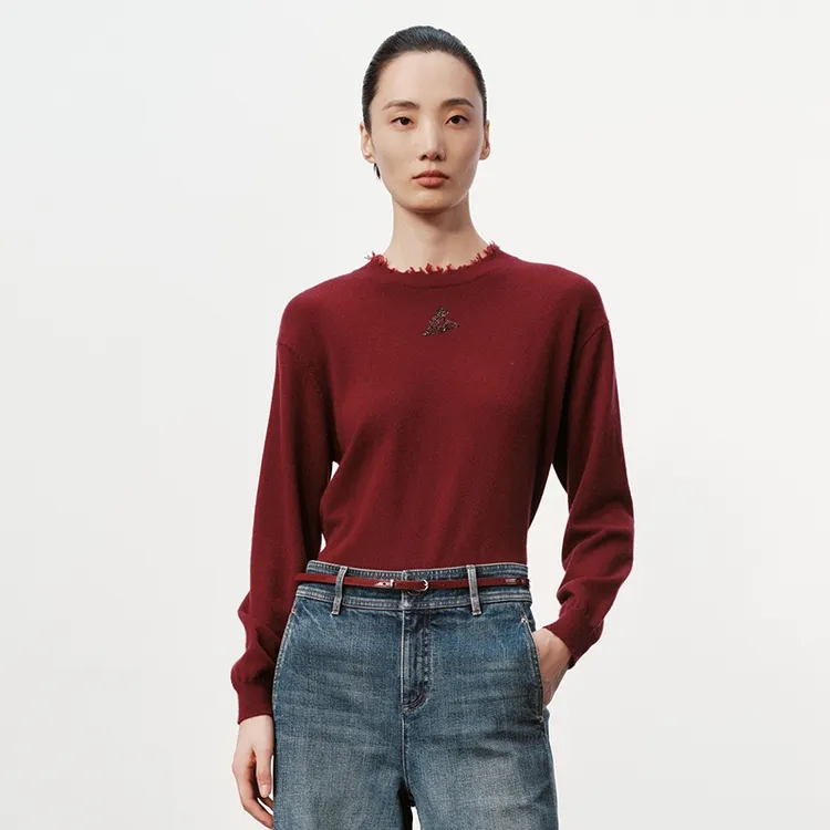 H·GENTEEL荷高24新款冬装女破边式毛流圆领针织衫GUE44650711T