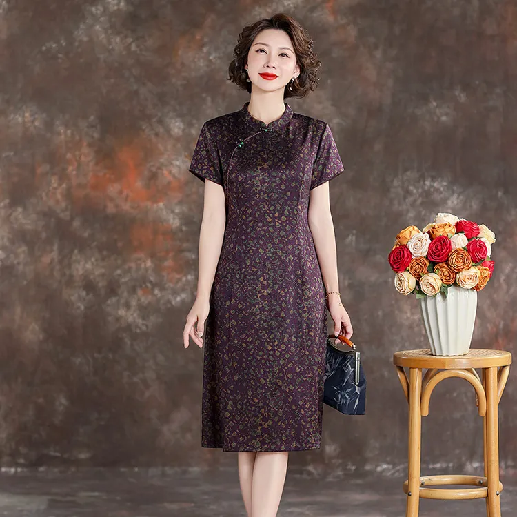 齐黛【紫澜锦韵】重磅真丝连衣裙女新中式桑蚕丝改良旗袍气质裙子