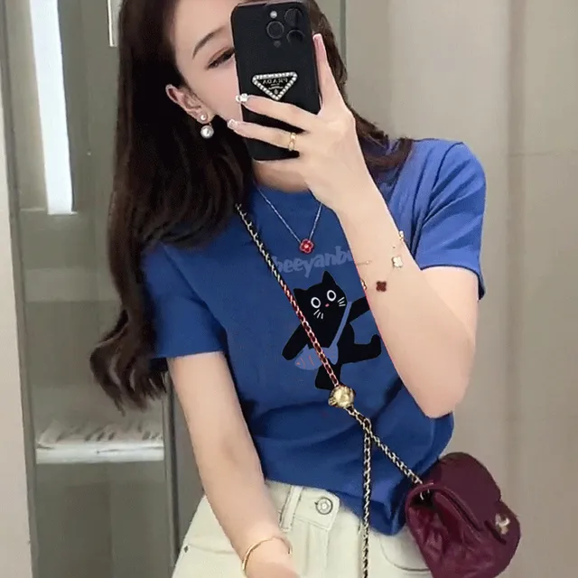 2025新款正肩克莱因蓝色t恤女夏季短袖体恤冷淡系高级感半袖上衣