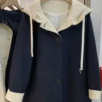 8802休闲连帽风衣外套女中长款秋季新款时尚宽松显瘦撞色拼接大衣