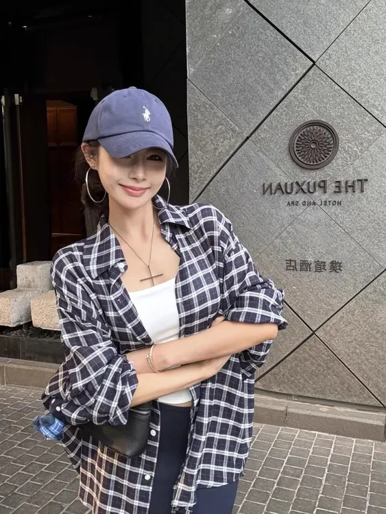 复古格纹翻领长袖衬衫外套女秋夏季慵懒宽松防晒衬衣休闲开衫上衣