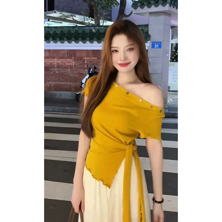 2025夏季新款女法式气质斜领露肩不规则绑带上衣高腰显瘦阔腿长裤