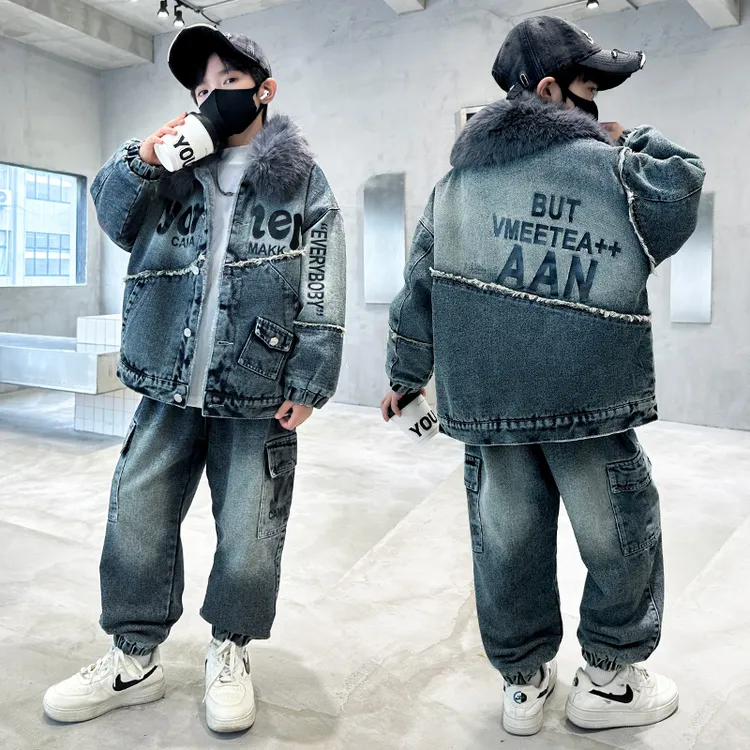 男童加绒套装冬季2025新款儿童冬装牛仔两件套中大童男孩加厚衣服