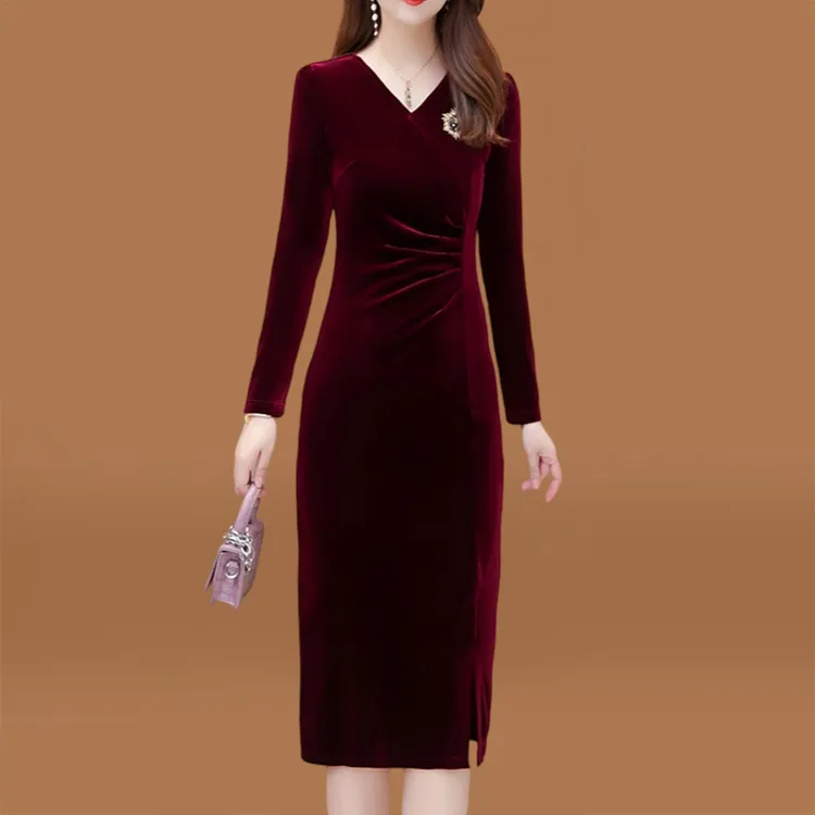 高端喜婆婆婚宴装礼服金丝绒高档长袖连衣裙女春秋款高贵洋气妈妈