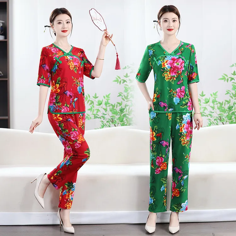 夏季新款妈妈装短袖套装东北大花民族风冰丝休闲两件套舞蹈演出服
