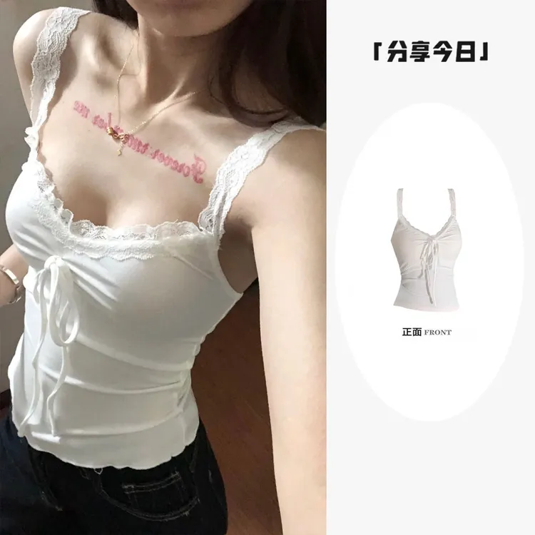 美式甜辣蕾丝白色小吊带背心女夏季新款内搭外穿别致绝美无袖上衣
