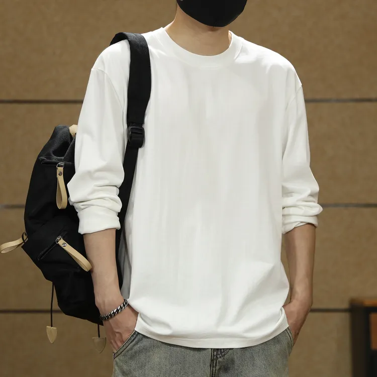 260g重磅纯棉长袖T恤男士潮牌美式宽松大码圆领内搭纯色打底衫男
