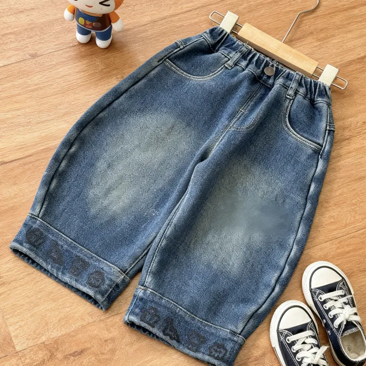 【新疆包邮】男女宝一体绒纯棉牛仔裤25年可爱秋冬加绒厚百搭N88385