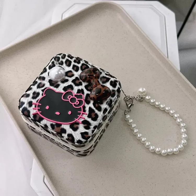 首饰盒/箱 豹纹kt猫首饰盒女项链耳钉收纳盒卡通便携式包包挂件