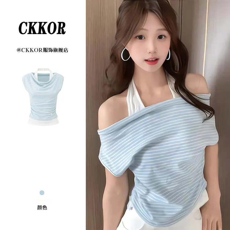 CKKOR夏季露肩假两件短袖t恤女撞色条纹韩系时尚设计感一字肩上衣