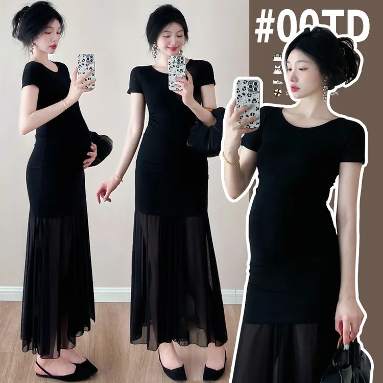 时髦孕妇装新款辣妈时尚显瘦蕾丝气质性感针织拼接网纱孕妇连衣裙