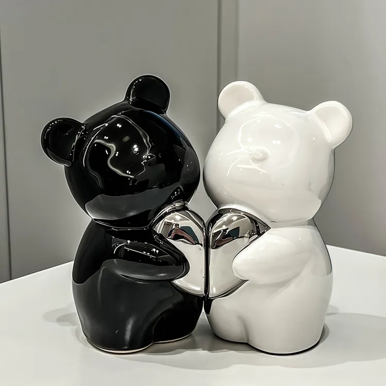创意小熊书档陶瓷摆件客厅电视柜黑白书立装饰品家居高档摆设送礼