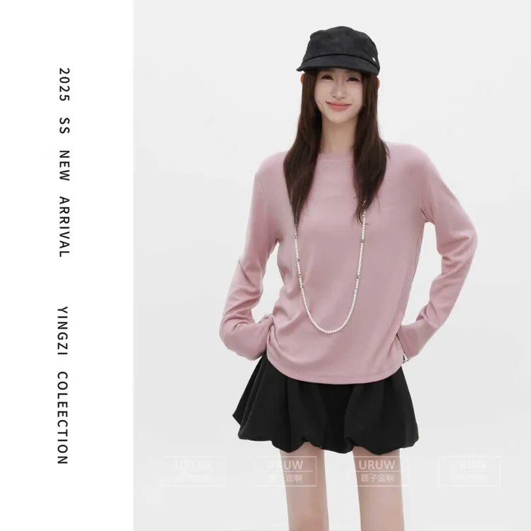 颖子定制【雾粉清秋】秋冬纯色休闲套头T恤女简约时尚圆领上衣2187