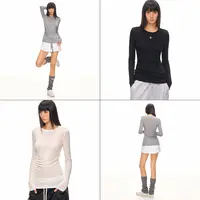 CLIMAX VISION【可机洗】天丝羊毛混纺四叶花圆领抽褶长袖T恤打底