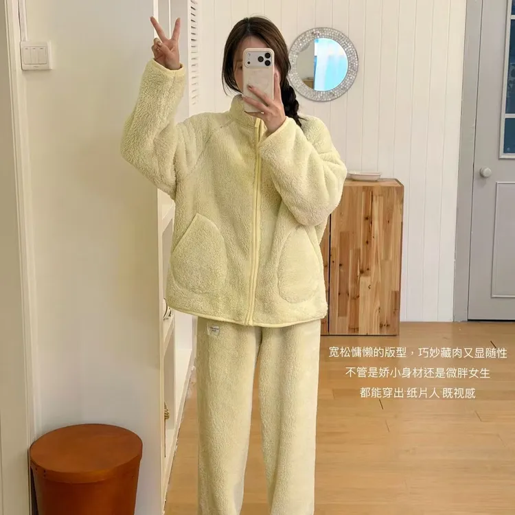 女款立领加绒加厚保暖珊瑚绒睡衣家居服套装秋冬季可外穿