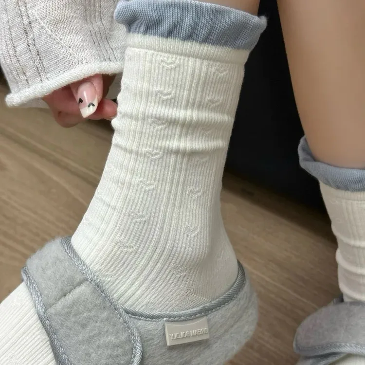 甜系4色·miu风拼色暗纹爱心堆堆袜泡泡口甜美日系撞色复古中筒x