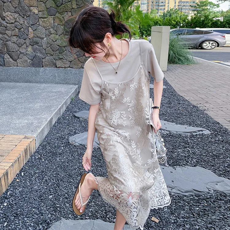 提花吊带衫t恤裙套装女2025夏季新款凉感薄款气质轻熟休闲连衣裙