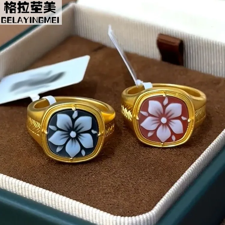 格拉茔美5D硬金足金999粉贝雕栀子花黄金戒指时尚男女指环圈送礼