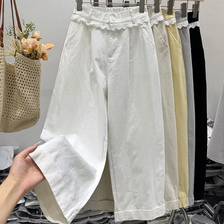 【春秋新款】女童春秋松紧高腰蕾丝花边阔腿裤春秋季2025新款直筒裤
