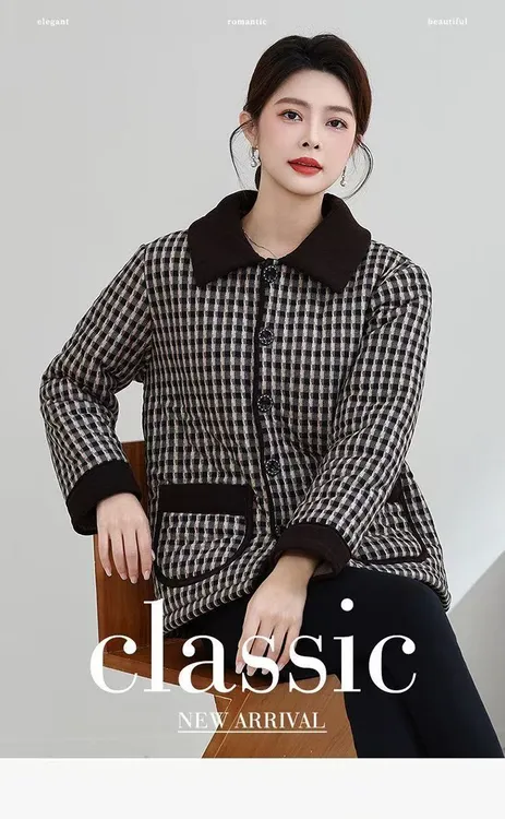 翻领中老年格子北极绒女装加绒加厚妈妈装棉衣洋气棉袄外套秋冬