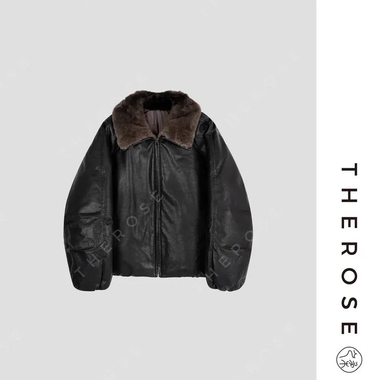 之柔【上东区】西班牙进口复古羊皮拼海狸外套白鹅绒抽绳保暖羽绒服