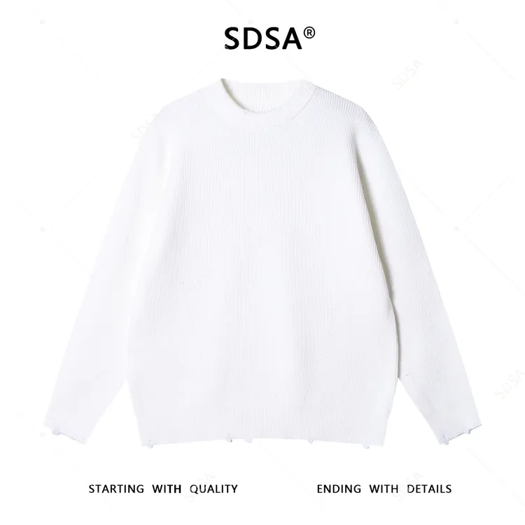 SDSA男士秋冬新款痞帅男装韩版纯色勾破圆领针织衫简约百搭毛衣