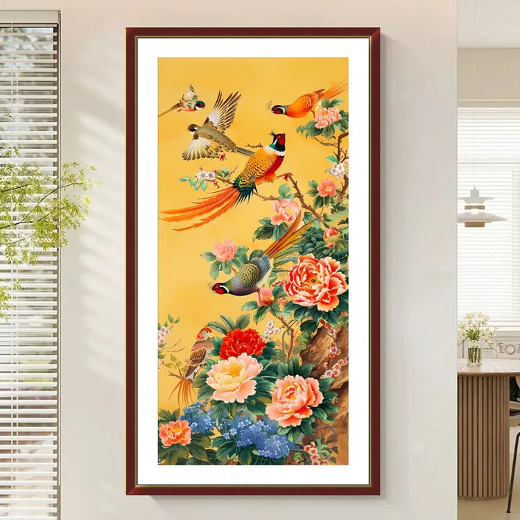 蒙娜丽莎十字绣百鸟朝凤牡丹图风景2025新款客厅线绣满绣竖版玄关