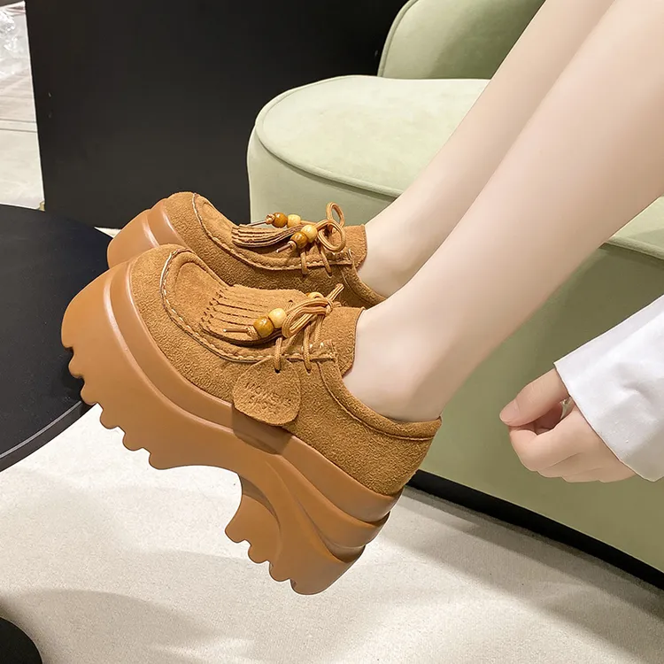 9CM厚底增高乐福单鞋女2025秋新款小个子松糕软底系带全包勃肯鞋