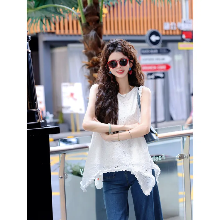 陈大器【素荷霜花】港风复古背心镂空不规则拼接夏季上衣JC1989200