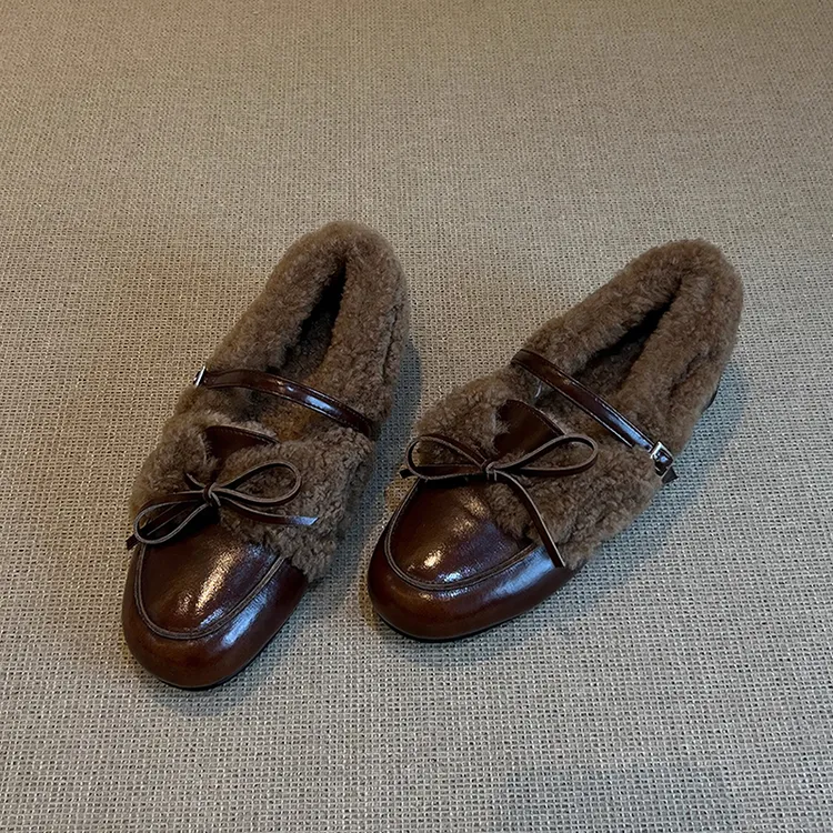 美拉德复古加绒保暖蝴蝶结乐福鞋女2025秋冬新款平底毛毛鞋单鞋
