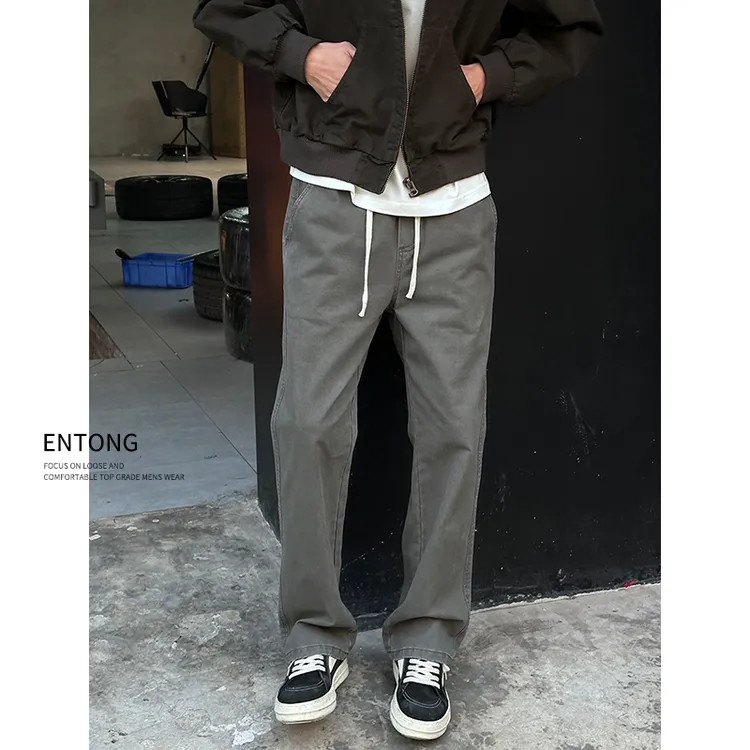 Entong美式潮牌痞帅工装休闲裤男生直筒宽松抽绳百搭立裁男士长裤