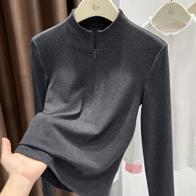 灰色半高领拉链针织打底衫女秋季爆款软糯修身正肩长袖t恤上衣女