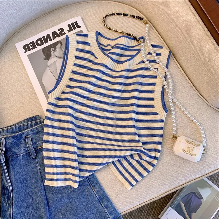 日系复古撞色条纹针织背心女夏设计感小众短款无袖冰丝上衣恤衫