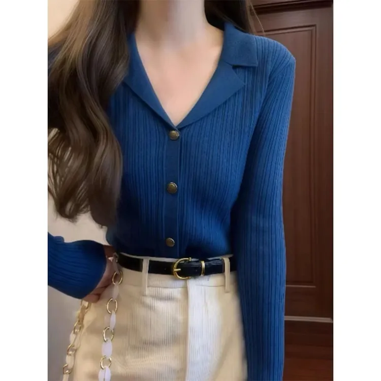 洋气克莱因蓝polo领针织开衫秋装女装长袖内搭打底衫气质翻领上衣