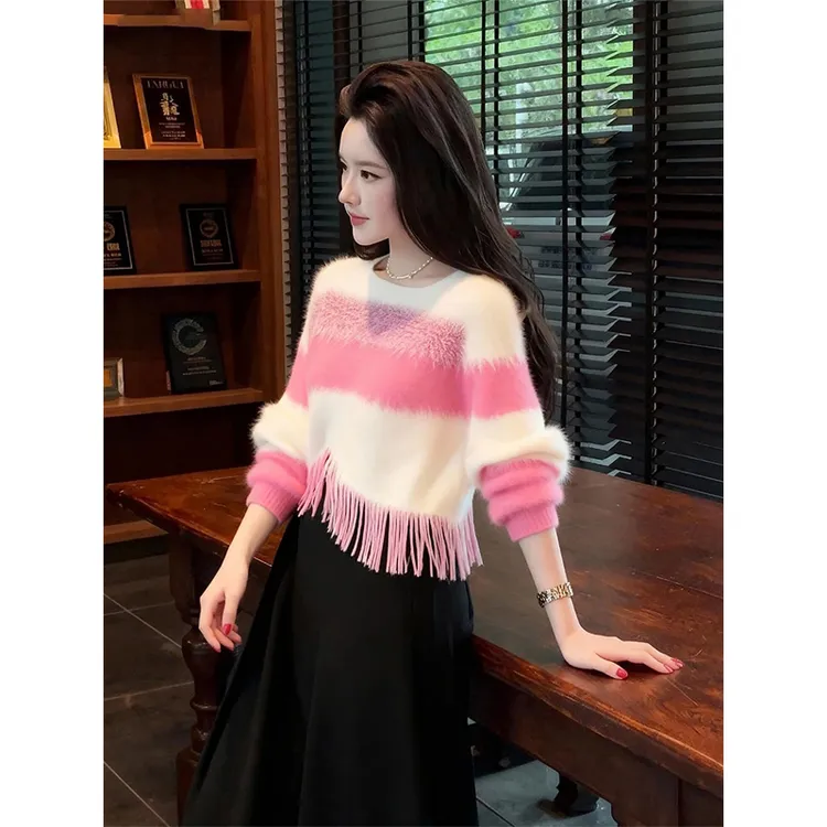 韩系秋冬装撞色毛衣女爆款2025新款慵懒风V领针织衫独特流苏上衣