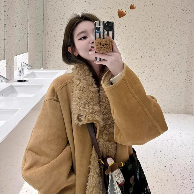 两面穿仿羊羔毛外套女秋冬季新款卡其色毛毛大衣加厚麂皮绒机车服