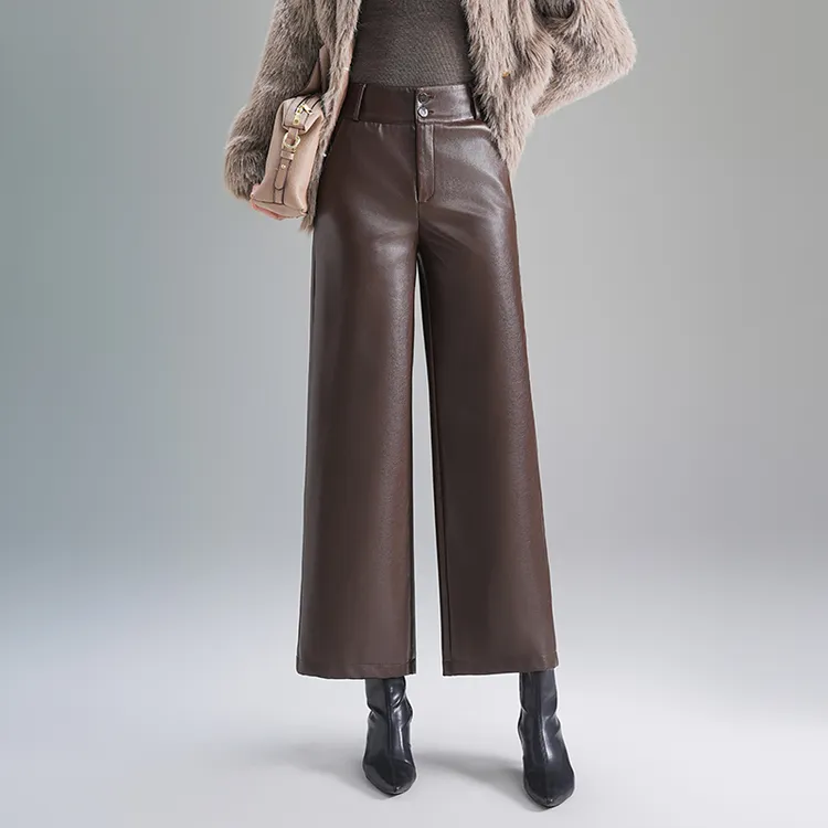 时尚小个子阔腿皮裤女2025秋冬新款高腰显瘦九分直筒裤通勤休闲裤