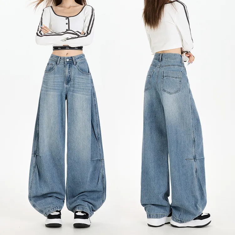 弯刀牛仔裤裤子美式复古廓形宽松秋季休闲松弛感褶皱拼接阔腿牛仔