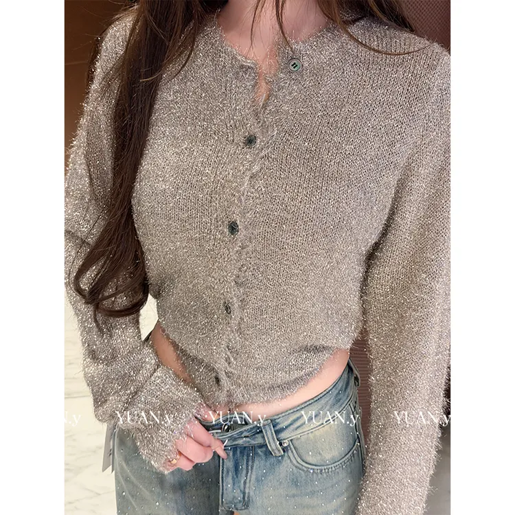 媛媛【糖水日记】灰咖色针织开衫毛衣外套女秋冬宽松慵懒上衣#M0589