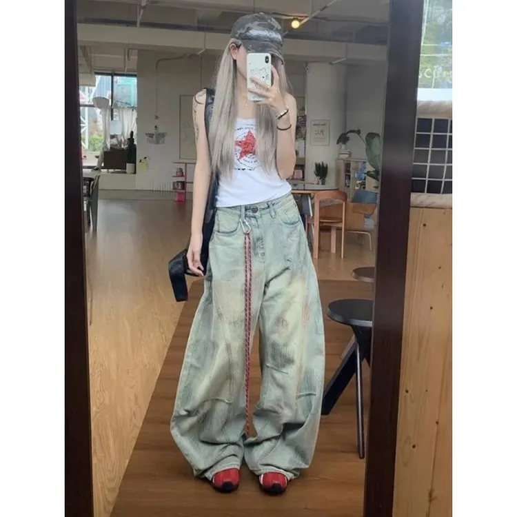 美式复古脏染弯刀裤牛仔裤男女秋季设计感宽松阔腿裤帅气嘻哈长裤