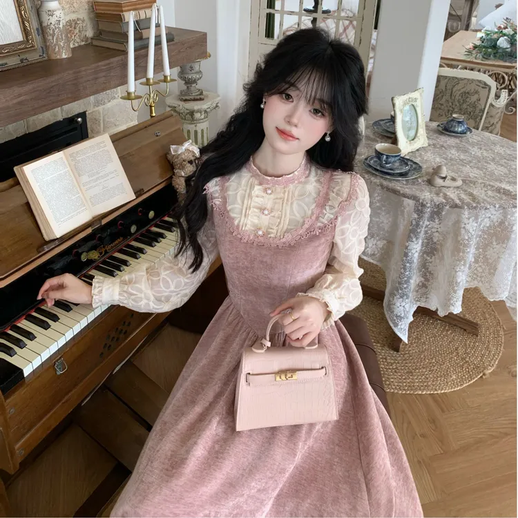 Blovelan绯夜星辰 法式宫廷风绝美质感细闪收腰长袖礼服连衣裙